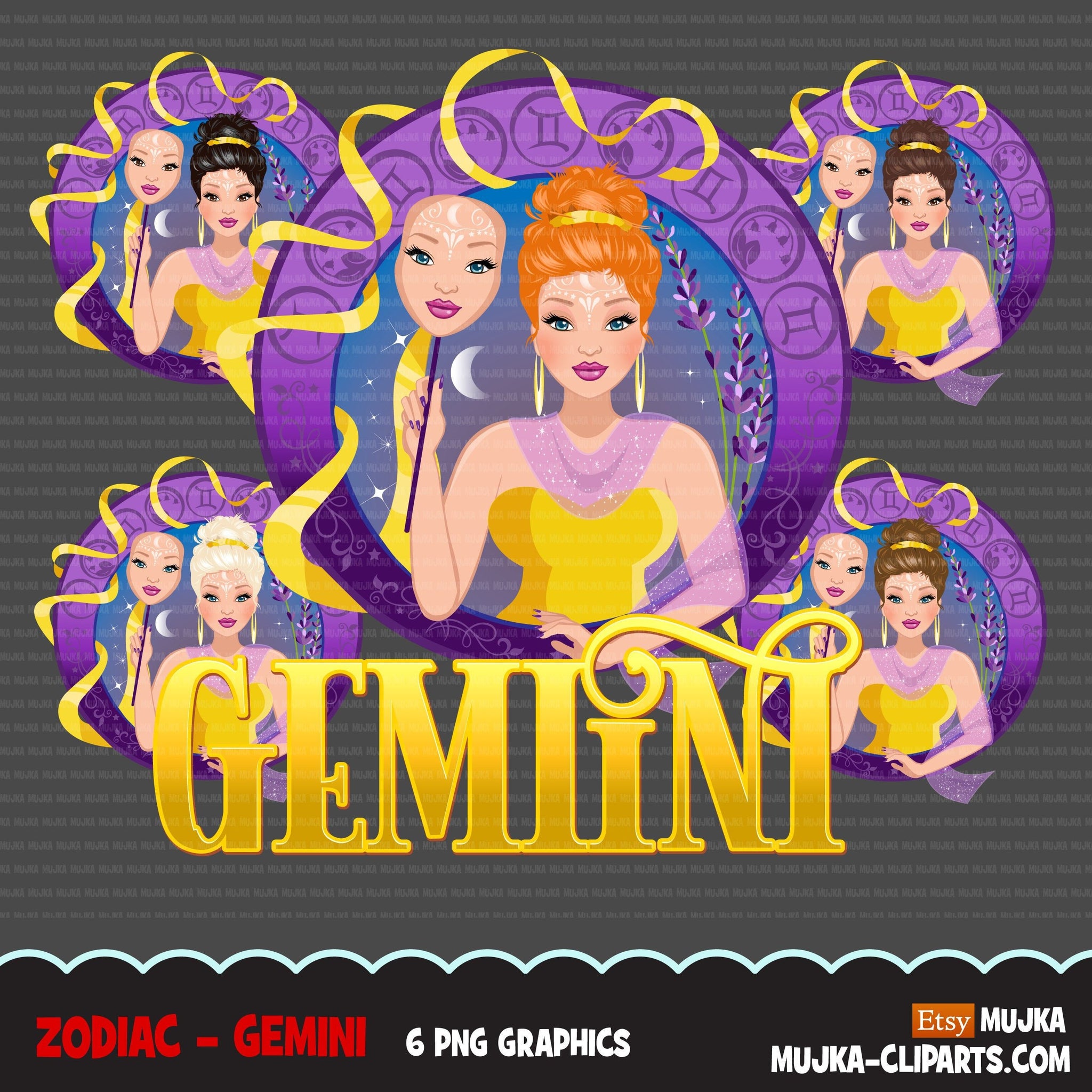 Zodiac Gemini Clipart, Descarga digital Png, Gráficos de sublimación para Cricut &amp; Cameo, diseños de signos del horóscopo de mujer con cabello recogido caucásico