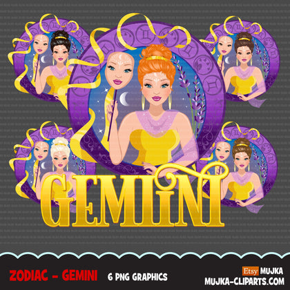 Zodiac Gemini Clipart, Png digital download, Sublimation Graphics for Cricut & Cameo, Caucasian updo hair Woman Horoscope sign designs