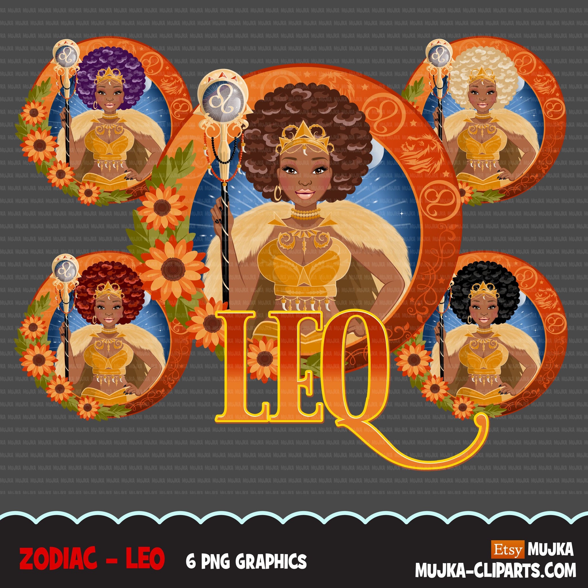 Zodiac Leo Clipart, Png digital download, Sublimation Graphics for Cricut & Cameo, Black Afro Woman Horoscope sign designs