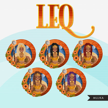 Zodiac Leo Clipart, download digital Png, gráficos de sublimação para Cricut e Cameo, designs de signos de horóscopo de mulheres com tranças pretas