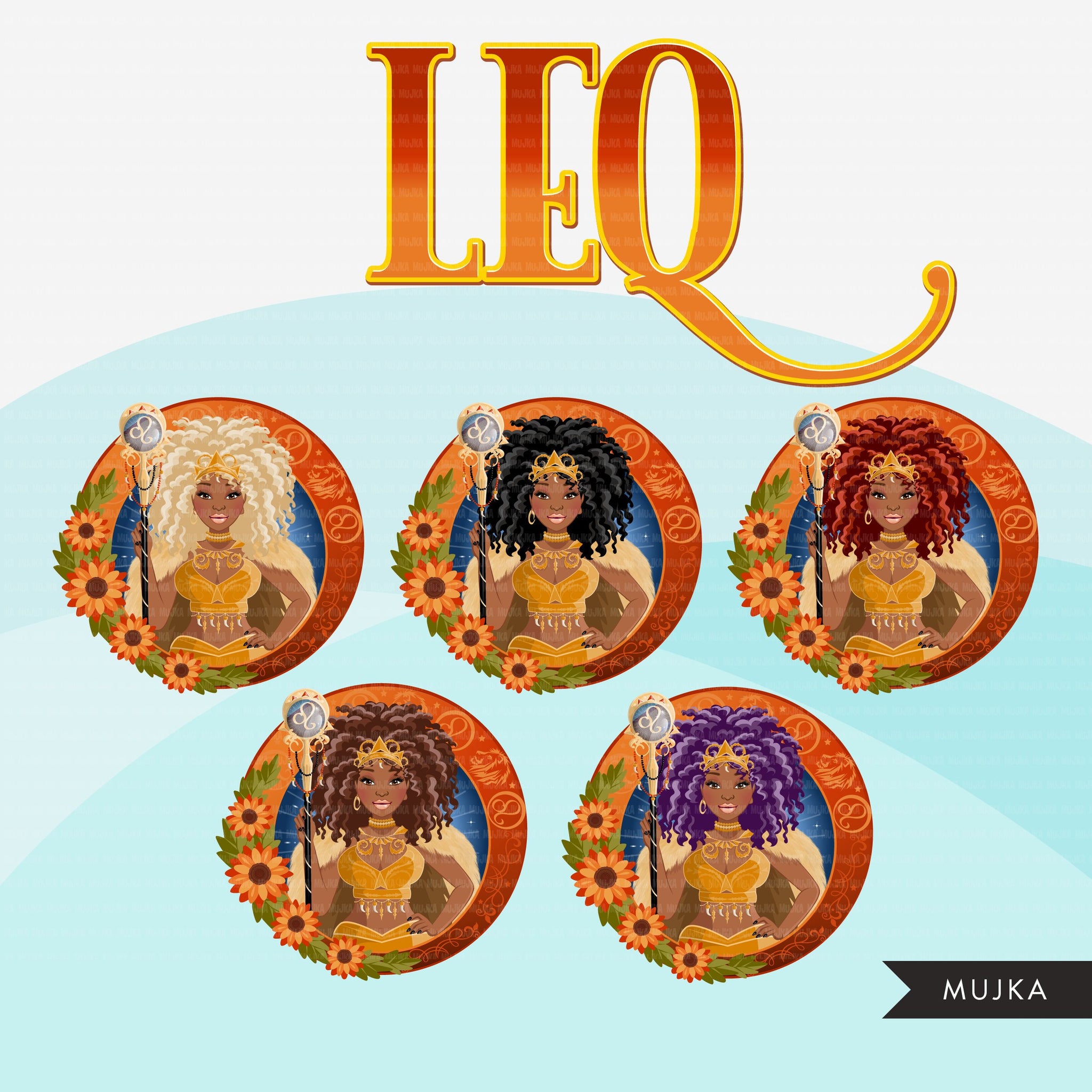 Zodiac Leo Clipart, Png digital download, Sublimation Graphics for Cricut & Cameo, Black Curly hair Woman Horoscope sign designs