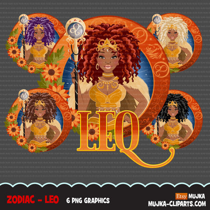 Zodiac Leo Clipart, Png digital download, Sublimation Graphics for Cricut & Cameo, Black Curly hair Woman Horoscope sign designs