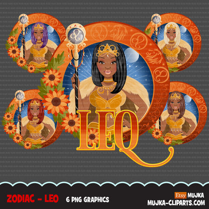 Zodiac Leo Clipart, Png digital download, Sublimation Graphics for Cricut & Cameo, Black straight hair Woman Horoscope sign designs
