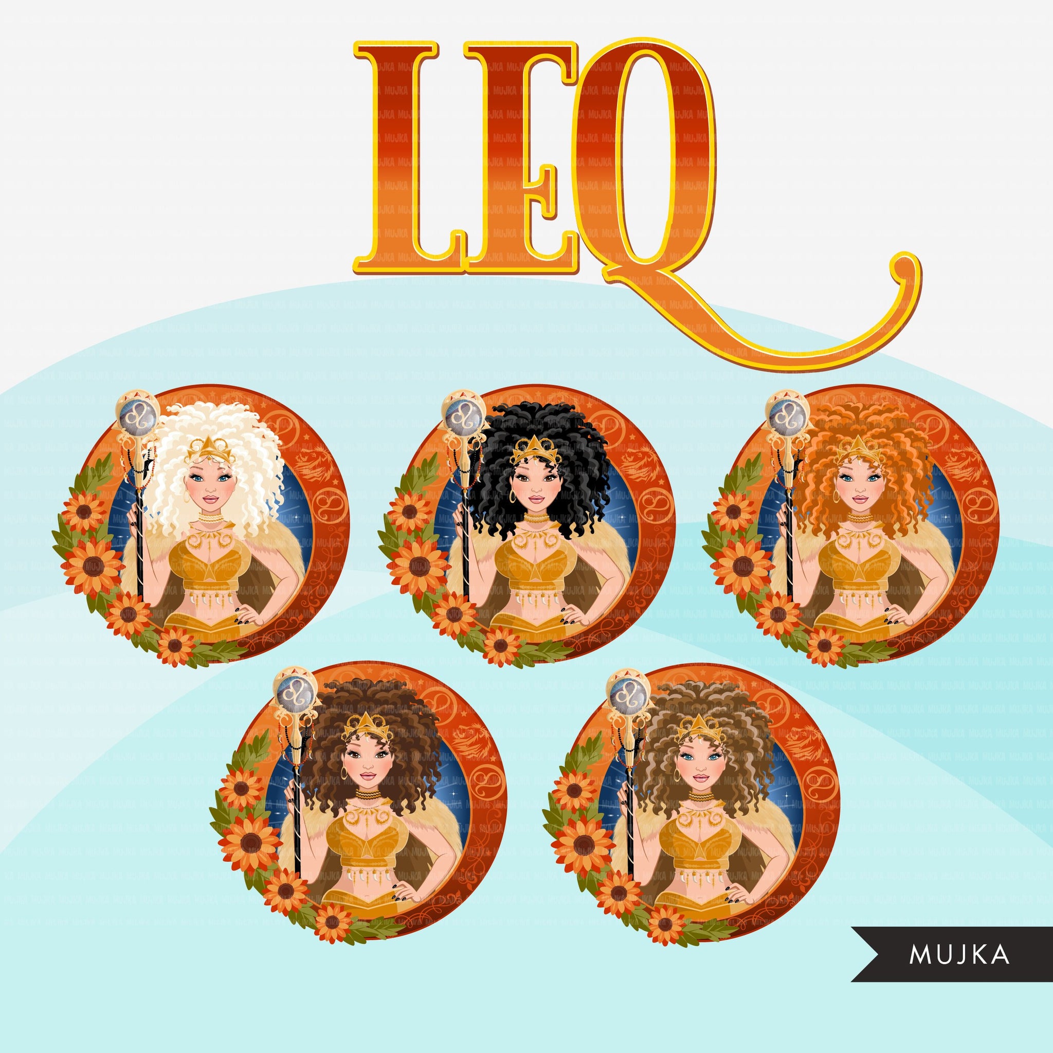 Zodiac Leo Clipart, download digital Png, gráficos de sublimação para Cricut e Cameo, cabelos cacheados caucasianos, designs de signos de horóscopo feminino