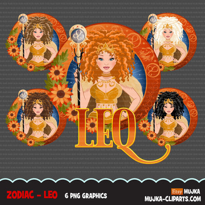 Zodiac Leo Clipart, Png digital download, Sublimation Graphics for Cricut & Cameo, Caucasian curly hair Woman Horoscope sign designs
