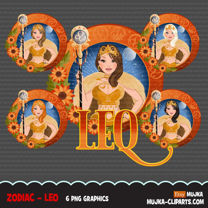 Zodiac Leo Clipart, Png digital download, Sublimation Graphics for Cricut & Cameo, Caucasian wavy hair Woman Horoscope sign designs