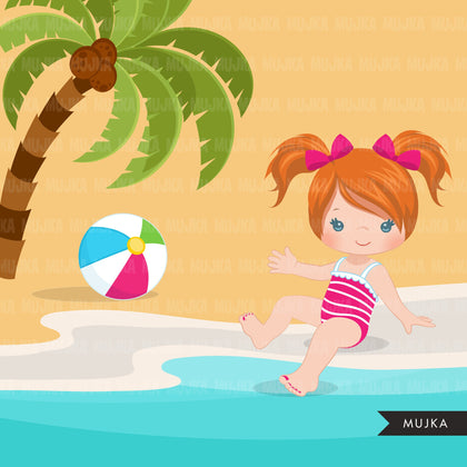 Beach Fun Clipart for Girls, Summer Swimsuit Graphics, surf board, beach ball, sublimation Png digital clip art
