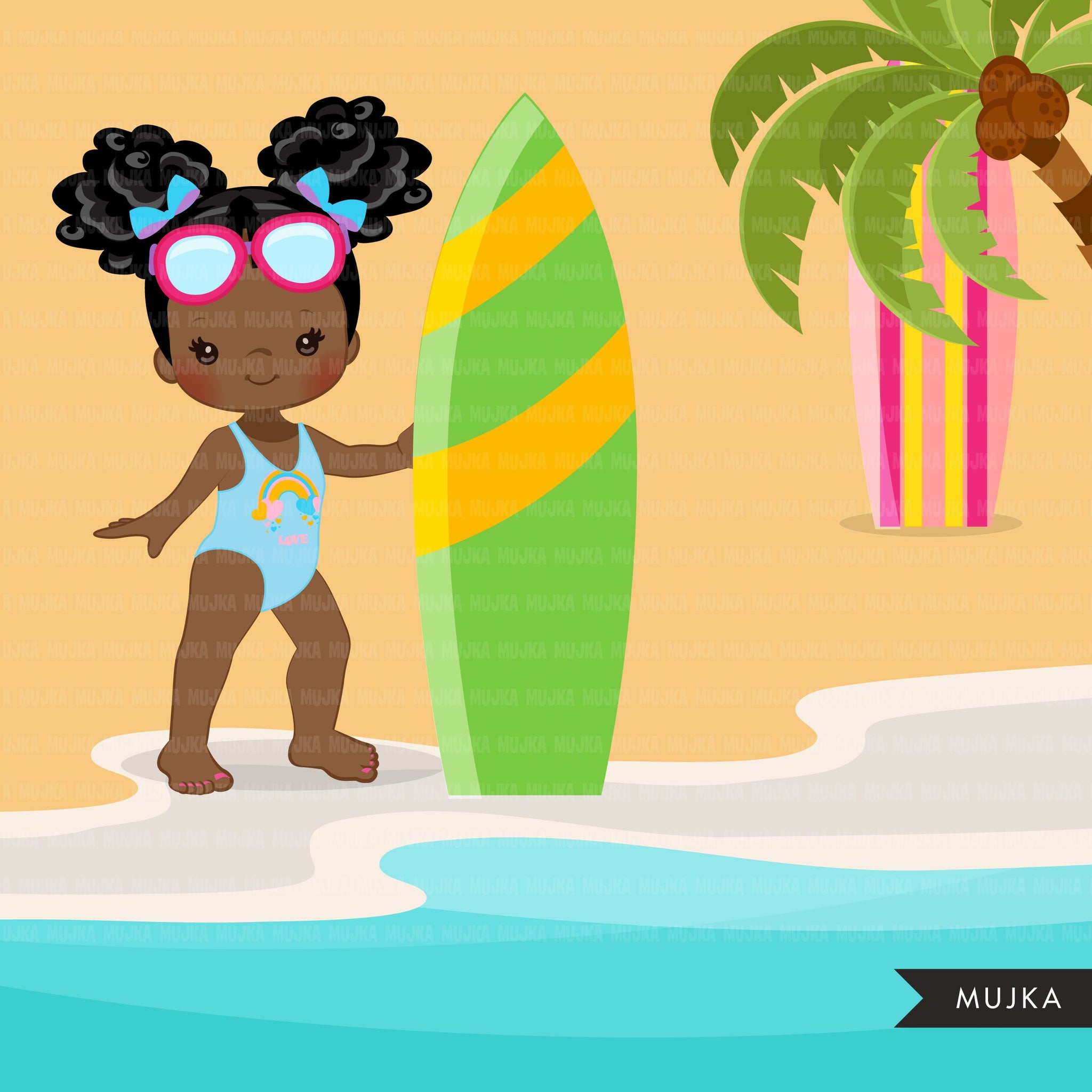 Beach Fun Clipart for Black Girls, Summer Swimsuit Graphics, surf board, beach ball, sublimation Png digital clip art