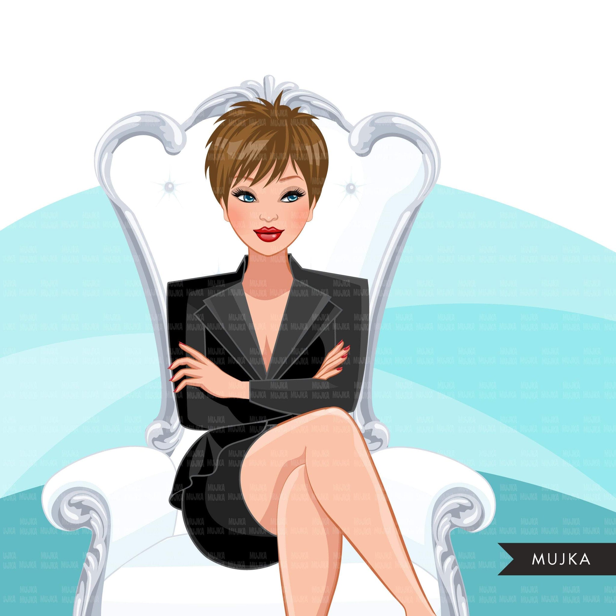 Fashion Graphics, Caucasian Business Woman  white throne pixie hair, Sublimation designs for Cricut & Cameo, commercial use PNG clipart