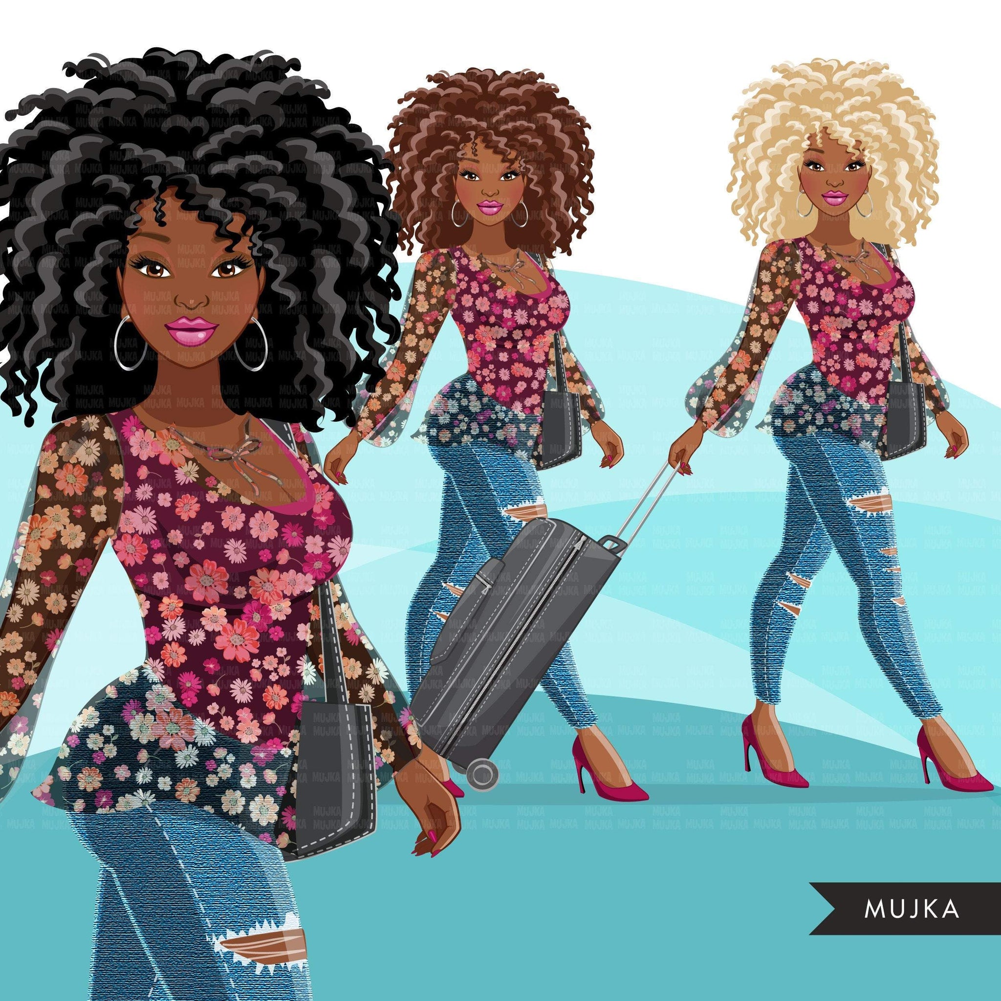 Fashion Graphics, travel vacation suitcase, Black woman curly hair, Sublimation design for Cricut & Cameo, commercial use PNG clipart