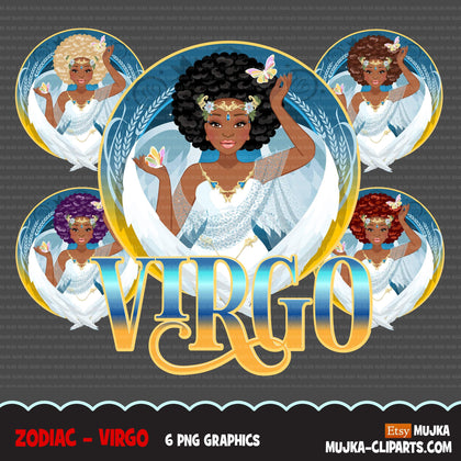 Zodiac Virgo Clipart, Png digital download, Sublimation Graphics for Cricut & Cameo, Black Afro Woman Horoscope sign designs