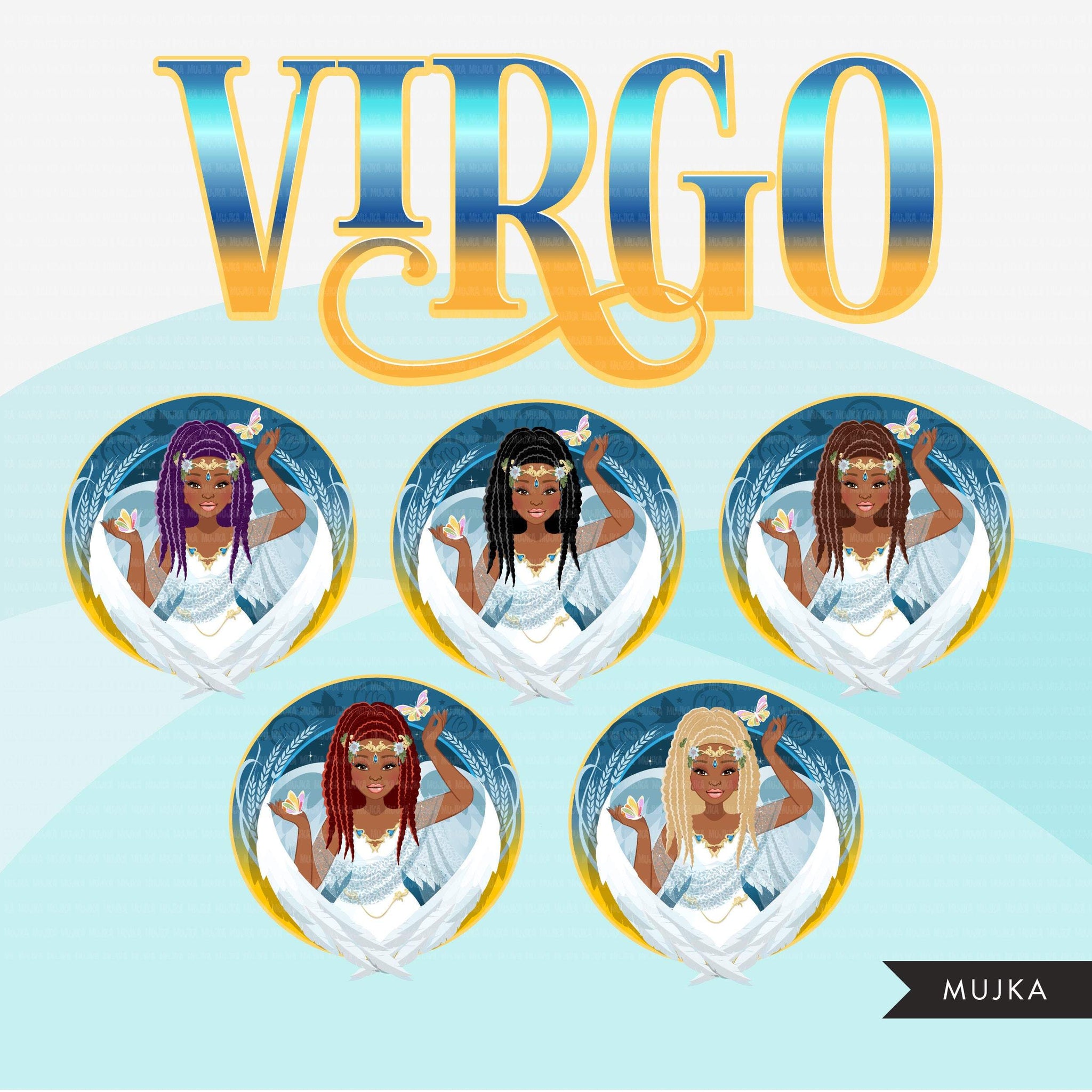 Zodiac Virgo Clipart, download digital Png, gráficos de sublimação para Cricut e Cameo, designs de signos de horóscopo de mulheres com tranças pretas