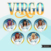 Zodiac Virgo Clipart, download digital Png, gráficos de sublimação para Cricut e Cameo, designs de signos de horóscopo de mulheres com tranças pretas