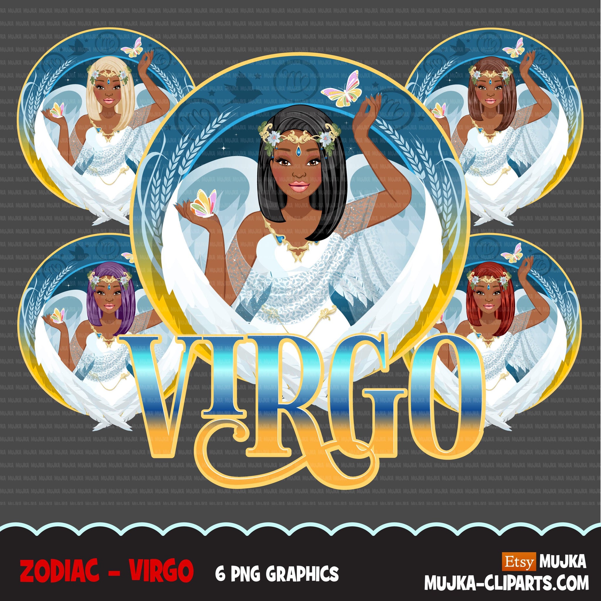 Zodiac Virgo Clipart, Descarga digital Png, Gráficos de sublimación para Cricut &amp; Cameo, Diseños de signos del horóscopo de mujer de pelo largo negro