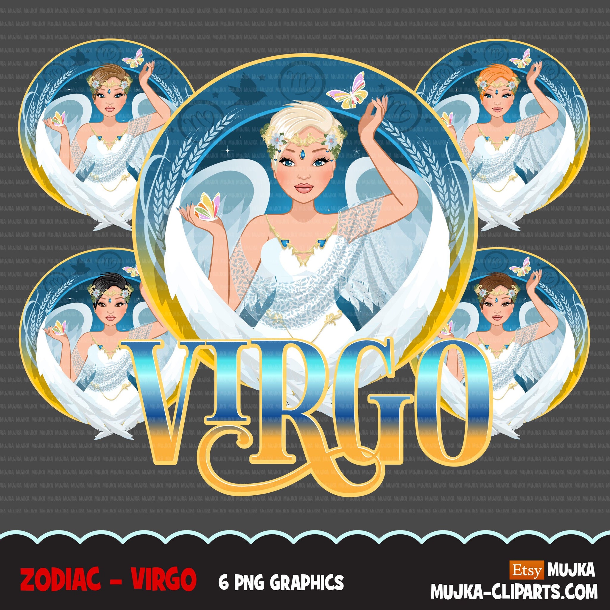 Zodiac Virgo Clipart, Descarga digital Png, Gráficos de sublimación para Cricut &amp; Cameo, diseños de signos del horóscopo de mujer de pelo de duendecillo caucásico