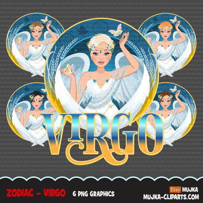 Zodiac Virgo Clipart, Png digital download, Sublimation Graphics for Cricut & Cameo, Caucasian pixie hair Woman Horoscope sign designs