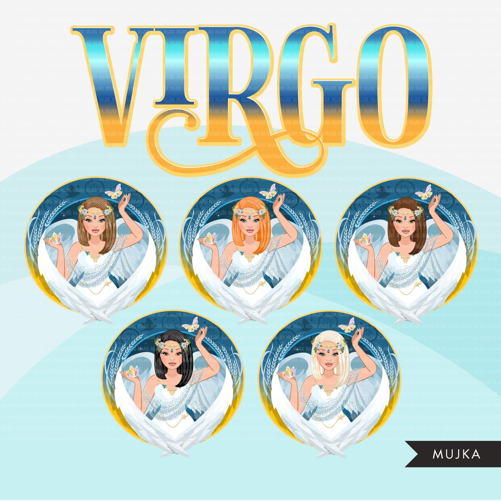 Zodiac Virgo Clipart, Png digital download, Sublimation Graphics for Cricut & Cameo, Caucasian straight hair Woman Horoscope sign designs
