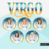 Zodiac Virgo Clipart, Descarga digital Png, Gráficos de sublimación para Cricut &amp; Cameo, diseños de signos del horóscopo de mujer de cabello lacio caucásico