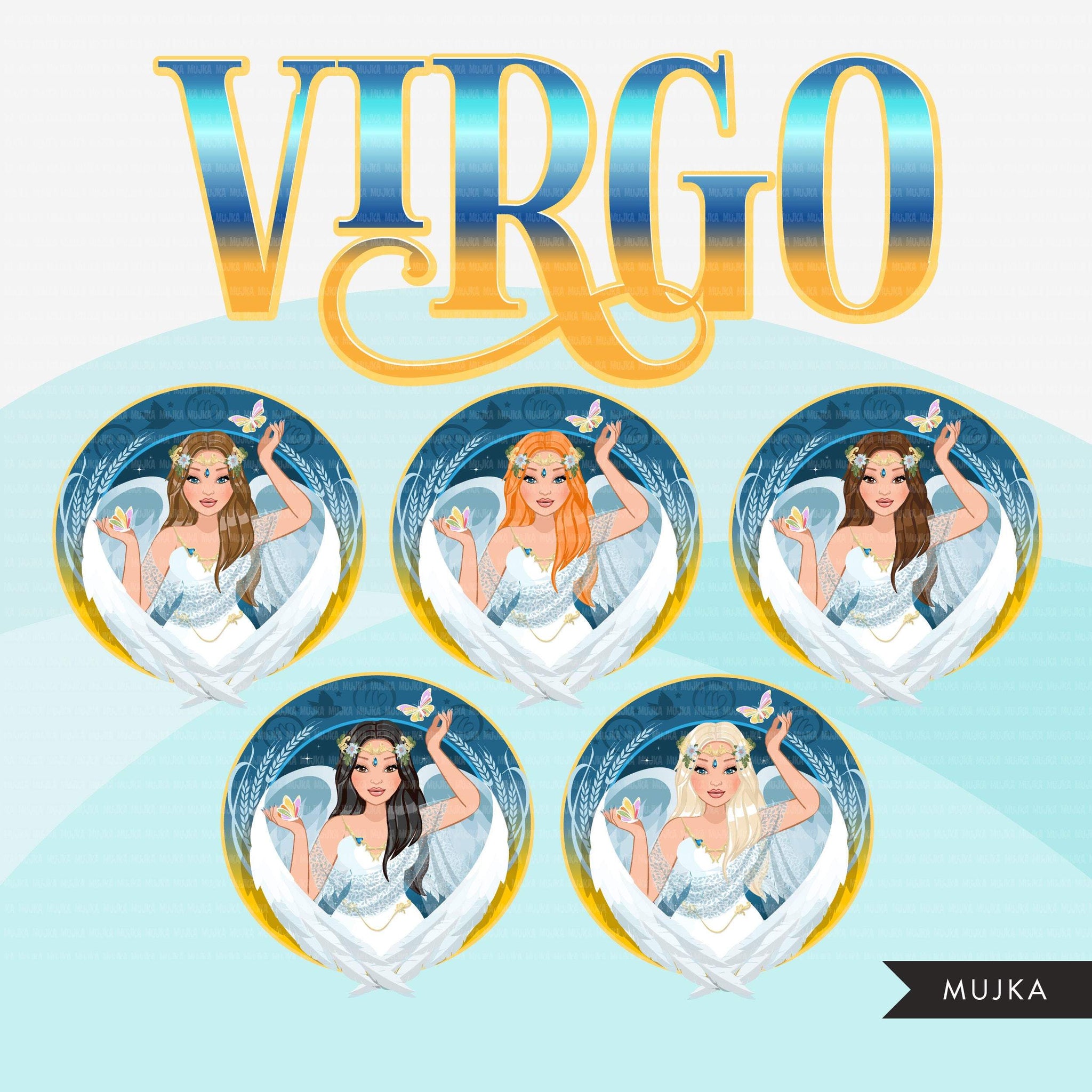 Zodiac Virgo Clipart, Png digital download, Sublimation Graphics for Cricut & Cameo, Caucasian long hair Woman Horoscope sign designs