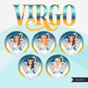 Zodiac Virgo Clipart, download digital Png, gráficos de sublimação para Cricut e Cameo, cabelos longos caucasianos, designs de signos de horóscopo de mulher