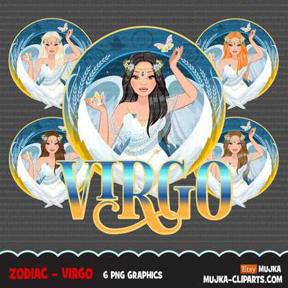 Zodiac Virgo Clipart, Png digital download, Sublimation Graphics for Cricut & Cameo, Caucasian long hair Woman Horoscope sign designs
