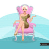 Fashion Graphics, Caucasian Woman short hair, pink throne, gold glitter, Sublimation designs for Cricut & Cameo, commercial use PNG clipart