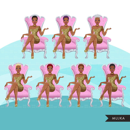 Fashion Graphics, Black Woman, pink throne, gold glitter, Sublimation designs for Cricut & Cameo, commercial use PNG clipart