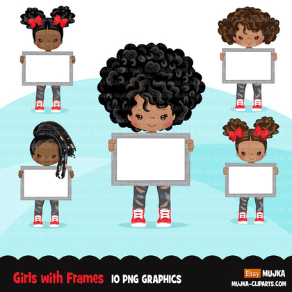 Girls holding frames Clipart, ripped jeans and boots cute kids with blank frame, sublimation Png digital clip art