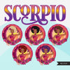 Zodiac Scorpio Clipart, Png digital download, Sublimation Graphics for Cricut & Cameo, Black Afro Woman Horoscope sign designs