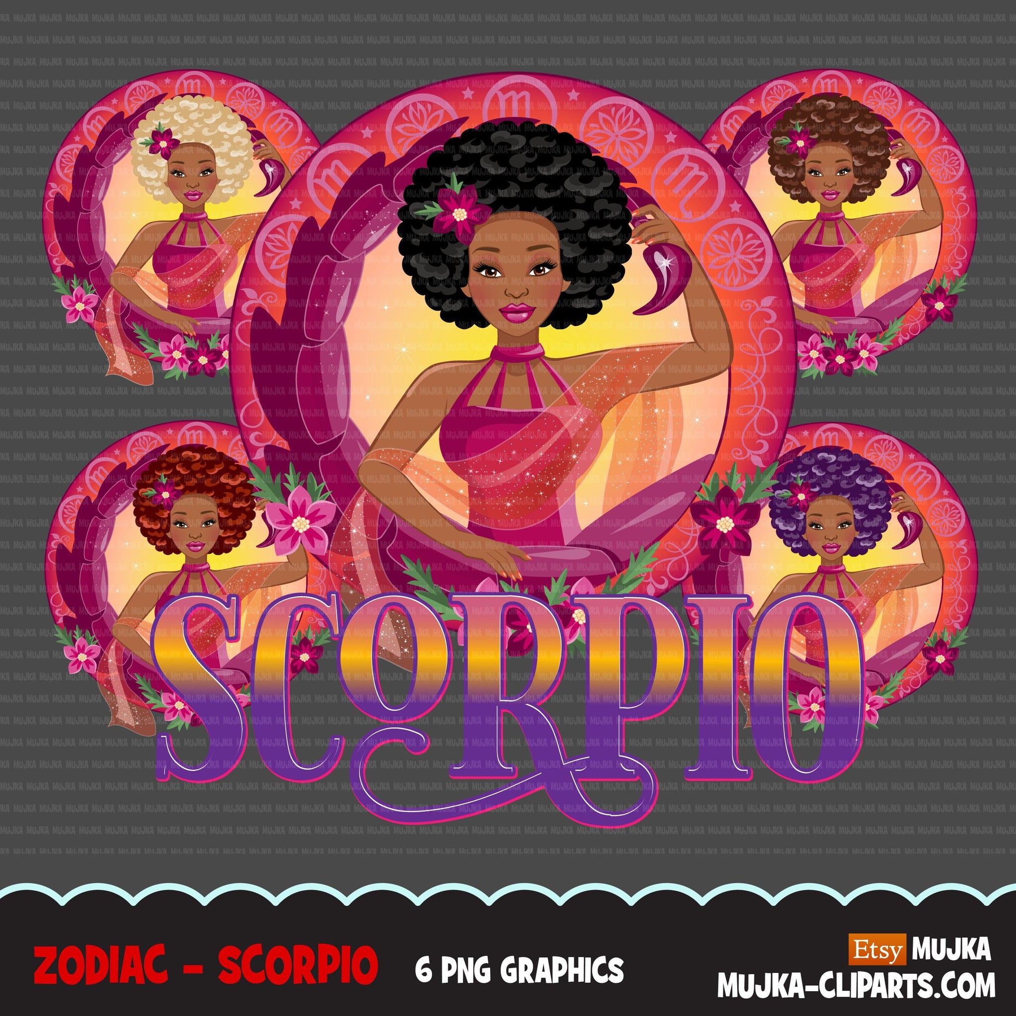 Zodiac Scorpio Clipart, Png digital download, Sublimation Graphics for Cricut & Cameo, Black Afro Woman Horoscope sign designs