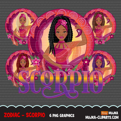 Zodiac Scorpio Clipart, Png digital download, Sublimation Graphics for Cricut & Cameo, Black braided hair Woman Horoscope sign designs