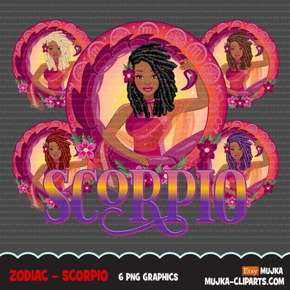 Zodiac Scorpio Clipart, Png digital download, Sublimation Graphics for Cricut & Cameo, Black long braided hair Woman Horoscope sign designs