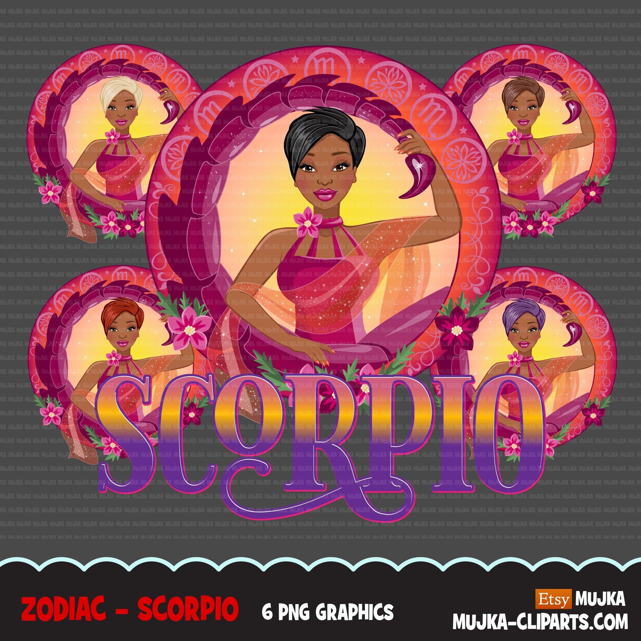 Zodiac Scorpio Clipart, Png digital download, Sublimation Graphics for Cricut & Cameo, Black pixie hair Woman Horoscope sign designs
