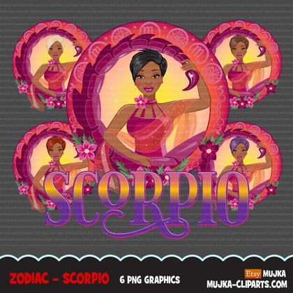 Zodiac Scorpio Clipart, Png digital download, Sublimation Graphics for Cricut & Cameo, Black pixie hair Woman Horoscope sign designs