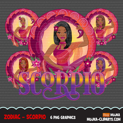 Zodiac Scorpio Clipart, Png digital download, Sublimation Graphics for Cricut & Cameo, Black straight hair Woman Horoscope sign designs