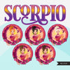 Zodiac Scorpio Clipart, Png digital download, Sublimation Graphics for Cricut & Cameo, Caucasian messy bun hair Woman Horoscope sign designs