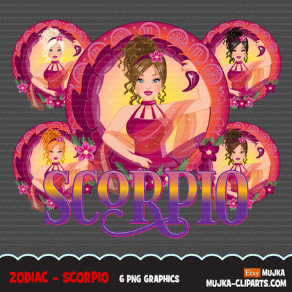Zodiac Scorpio Clipart, Png digital download, Sublimation Graphics for Cricut & Cameo, Caucasian messy bun hair Woman Horoscope sign designs