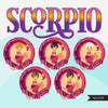 Zodiac Scorpio Clipart, Png digital download, Sublimation Graphics for Cricut & Cameo, Caucasian pixie hair Woman Horoscope sign designs