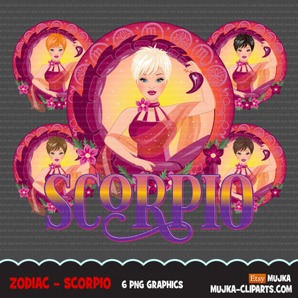 Zodiac Scorpio Clipart, Png digital download, Sublimation Graphics for Cricut & Cameo, Caucasian pixie hair Woman Horoscope sign designs
