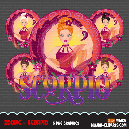 Zodiac Scorpio Clipart, Png digital download, Sublimation Graphics for Cricut & Cameo, Caucasian updo bun Woman Horoscope sign designs