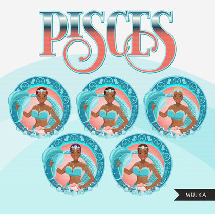 Zodiac Pisces Clipart, Png digital download, Sublimation Graphics for Cricut & Cameo, Black Woman Horoscope sign designs
