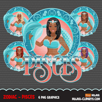 Zodiac Pisces Clipart, Png digital download, Sublimation Graphics for Cricut & Cameo, Black short straight hair Woman Horoscope sign designs