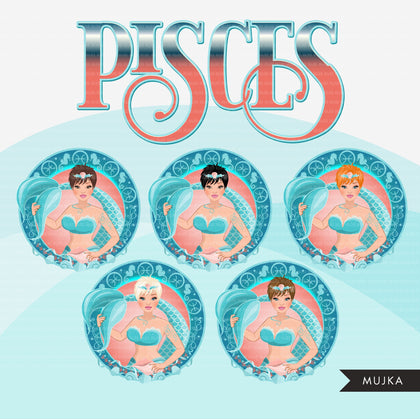 Zodiac Pisces Clipart, Png digital download, Sublimation Graphics for Cricut & Cameo, Caucasian pixie hair Woman Horoscope sign designs