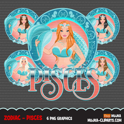 Zodiac Pisces Clipart, Png digital download, Sublimation Graphics for Cricut & Cameo, Caucasian long hair Woman Horoscope sign designs