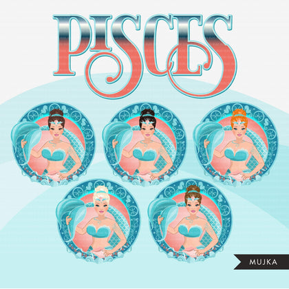 Zodiac Pisces Clipart, Png digital download, Sublimation Graphics for Cricut & Cameo, Caucasian updo hair Woman Horoscope sign designs