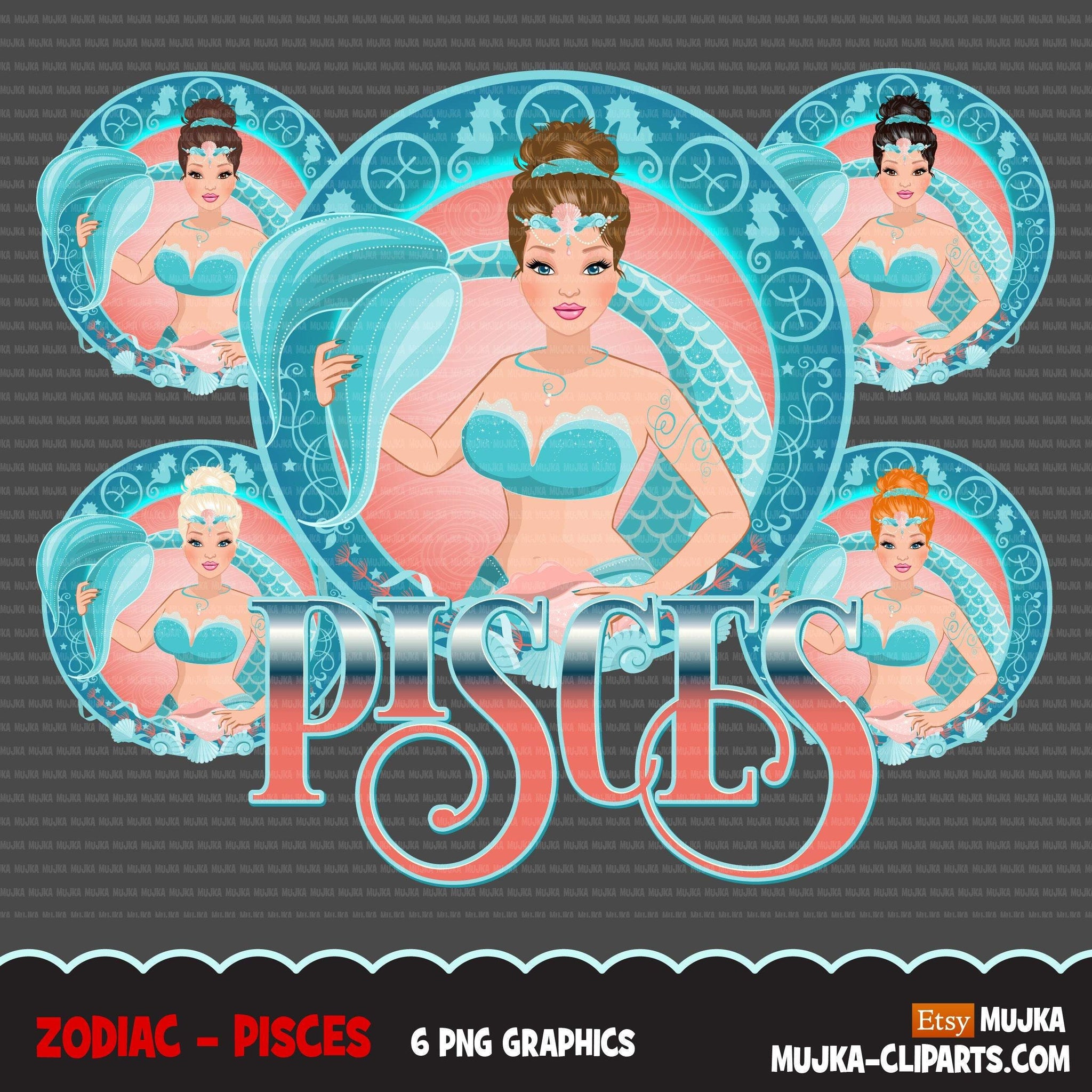 Zodiac Pisces Clipart, Png digital download, Sublimation Graphics for Cricut & Cameo, Caucasian updo hair Woman Horoscope sign designs