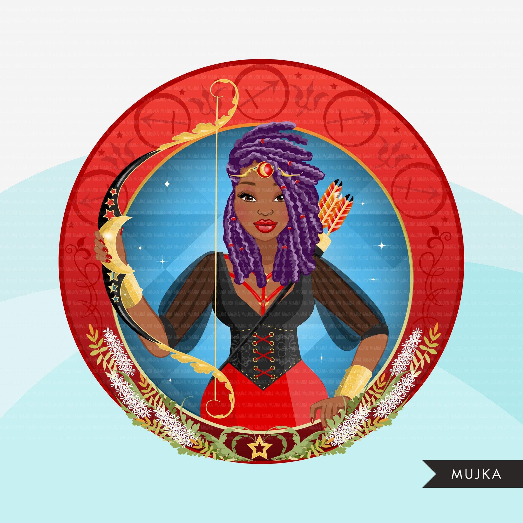 Clipart do Zodíaco Sagitário, download digital Png, gráficos de sublimação para Cricut e Cameo, dreads pretos designs de signos do horóscopo da mulher afro