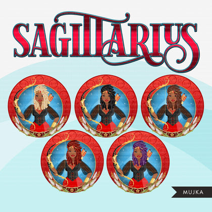 Zodiac Sagittarius Clipart, Png digital download, Sublimation Graphics for Cricut & Cameo, Black dreads Afro Woman Horoscope sign designs