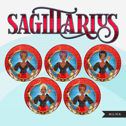 Zodiac Sagittarius Clipart, Png digital download, Sublimation Graphics for Cricut & Cameo, Black pixie hair Woman Horoscope sign designs