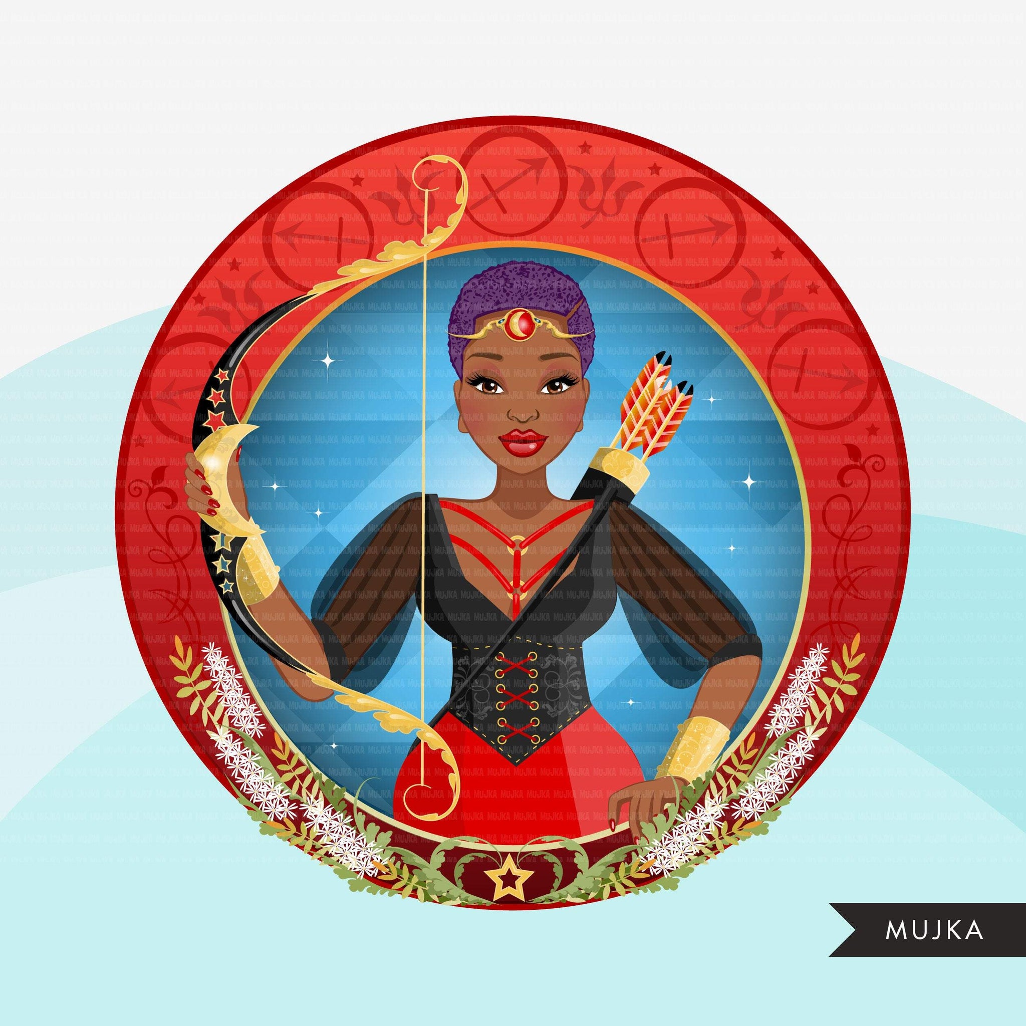 Zodiac Sagittarius Clipart, Png digital download, Sublimation Graphics for Cricut & Cameo, Black Woman Horoscope sign designs